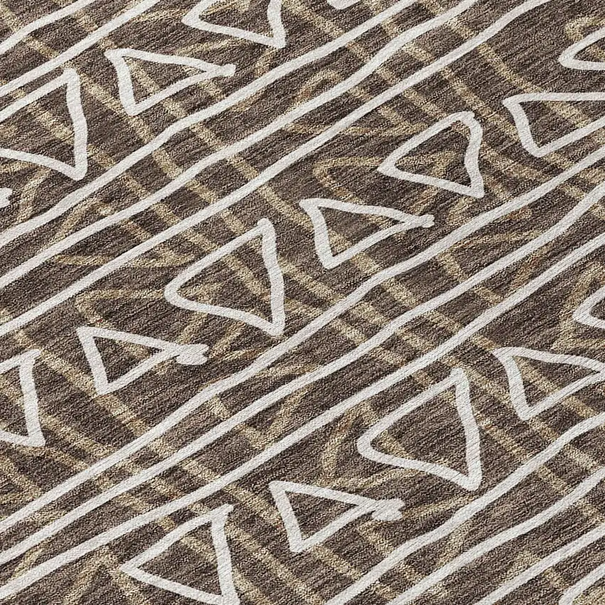 8' Chocolate And Ivory Round Geometric Washable Indoor Outdoor Area Rug Photo 5
