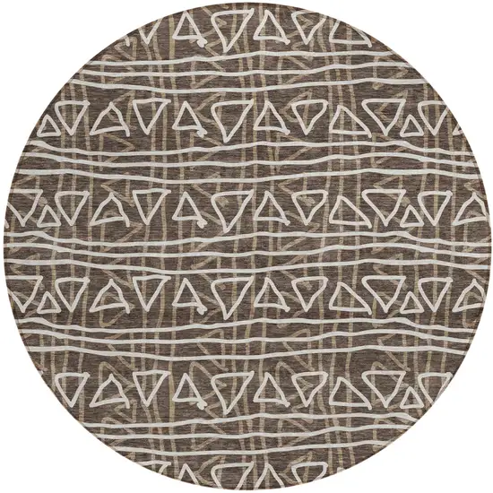 8' Chocolate And Ivory Round Geometric Washable Indoor Outdoor Area Rug Photo 2