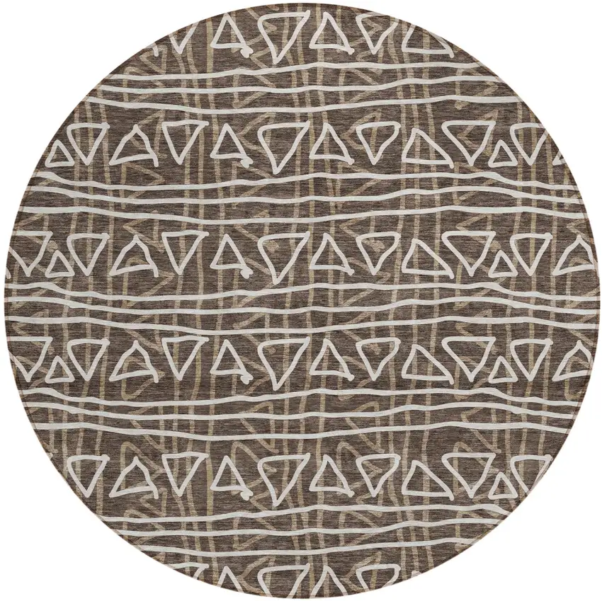 8' Chocolate And Ivory Round Geometric Washable Indoor Outdoor Area Rug Photo 2