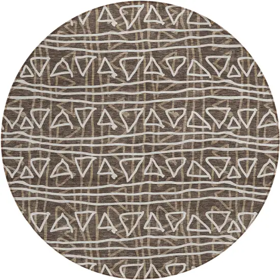 8' Chocolate And Ivory Round Geometric Washable Indoor Outdoor Area Rug Photo 2