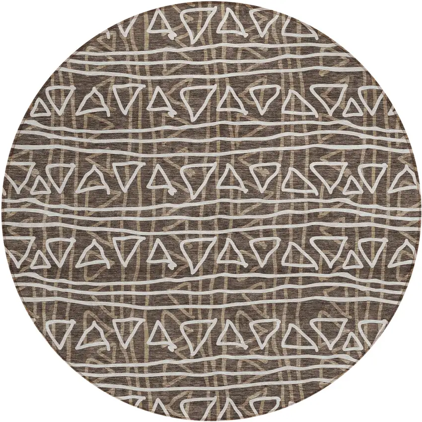 8' Chocolate And Ivory Round Geometric Washable Indoor Outdoor Area Rug Photo 2
