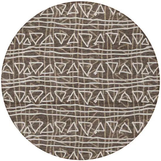 8' Chocolate And Ivory Round Geometric Washable Indoor Outdoor Area Rug Photo 7