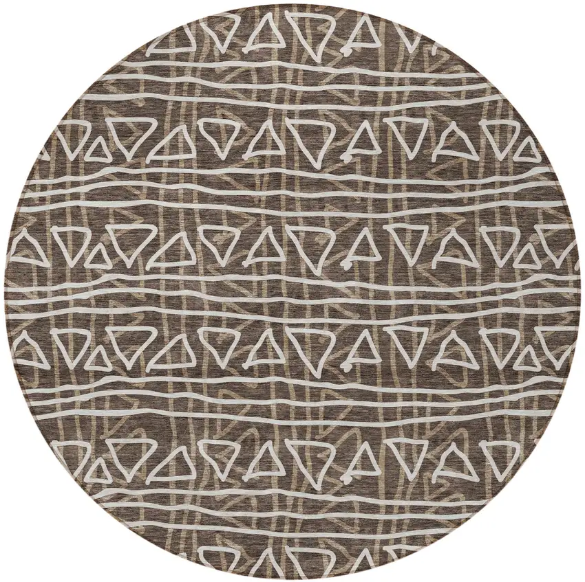 8' Chocolate And Ivory Round Geometric Washable Indoor Outdoor Area Rug Photo 7