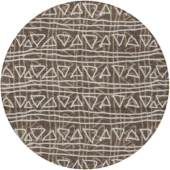8' Chocolate And Ivory Round Geometric Washable Indoor Outdoor Area Rug Photo 7