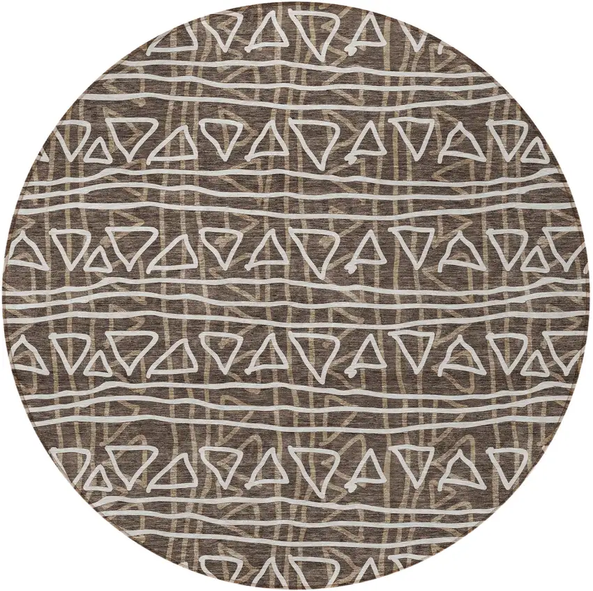 8' Chocolate And Ivory Round Geometric Washable Indoor Outdoor Area Rug Photo 7