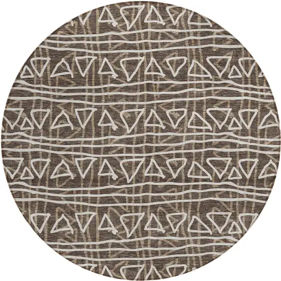 8' Chocolate And Ivory Round Geometric Washable Indoor Outdoor Area Rug Photo 6