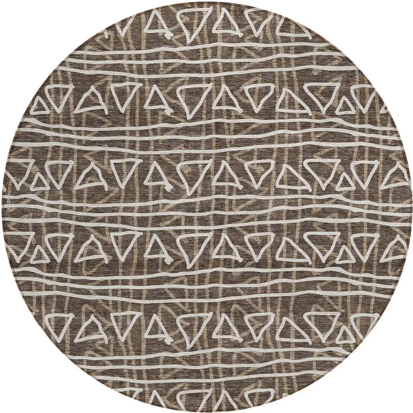 8' Chocolate And Ivory Round Geometric Washable Indoor Outdoor Area Rug Photo 6