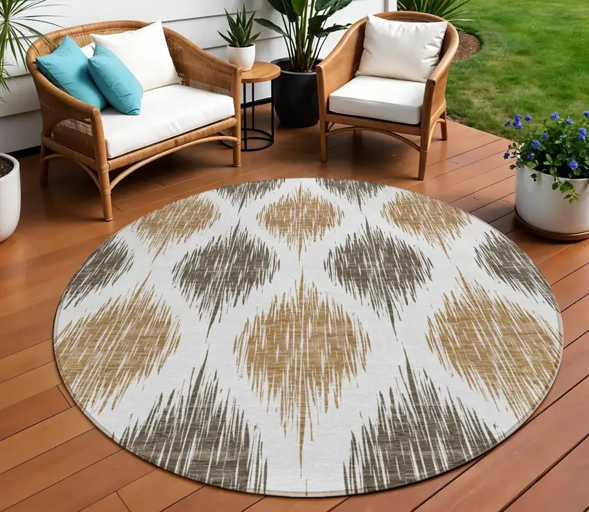 8' Chocolate And Ivory Round Ikat Washable Indoor Outdoor Area Rug Photo 1