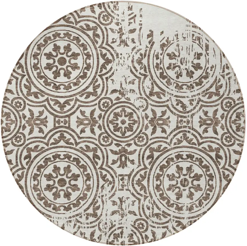 8' Chocolate And Ivory Round Medallion Washable Indoor Outdoor Area Rug Photo 4