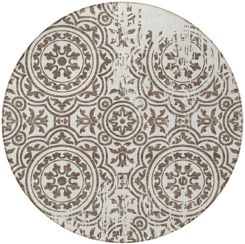 8' Chocolate And Ivory Round Medallion Washable Indoor Outdoor Area Rug Photo 4