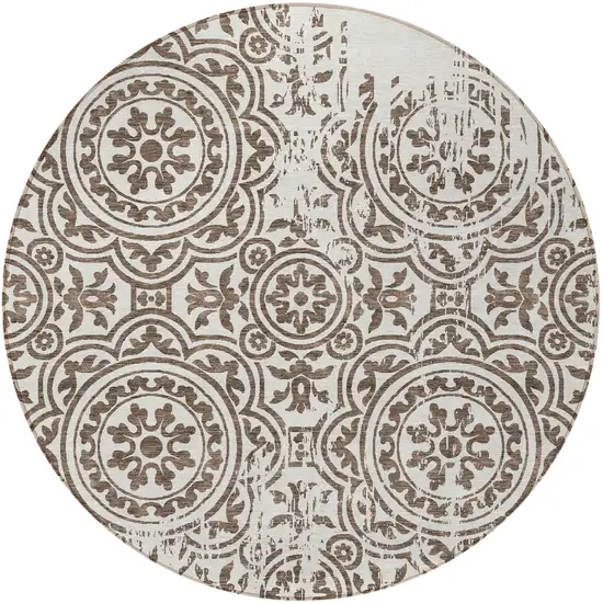 8' Chocolate And Ivory Round Medallion Washable Indoor Outdoor Area Rug Photo 4