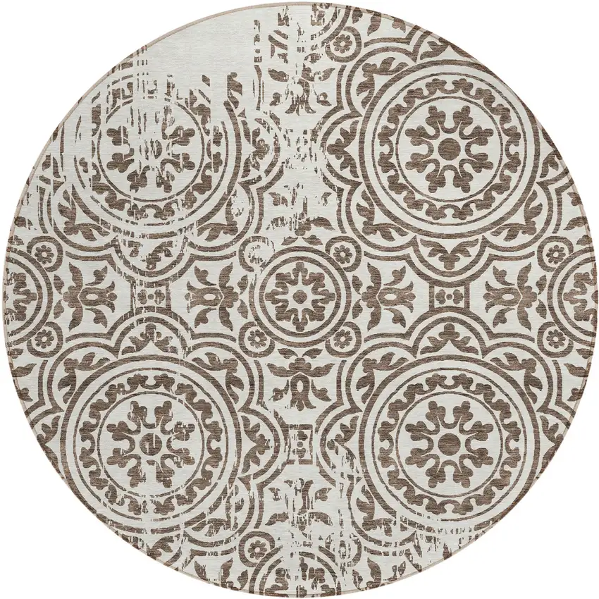 8' Chocolate And Ivory Round Medallion Washable Indoor Outdoor Area Rug Photo 1