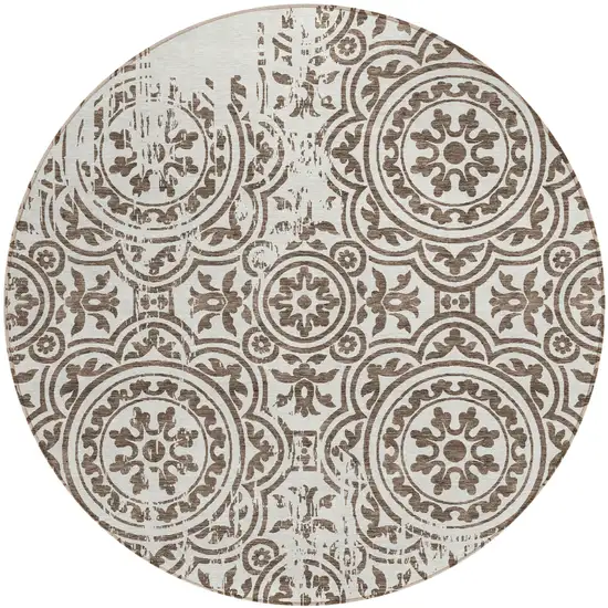 8' Chocolate And Ivory Round Medallion Washable Indoor Outdoor Area Rug Photo 1