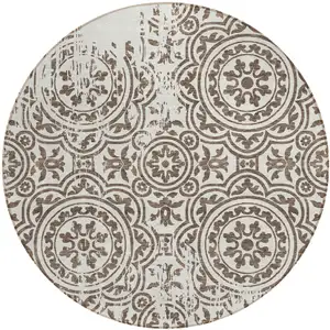 Photo of 8' Chocolate And Ivory Round Medallion Washable Indoor Outdoor Area Rug