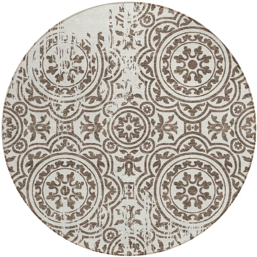 8' Chocolate And Ivory Round Medallion Washable Indoor Outdoor Area Rug Photo 1