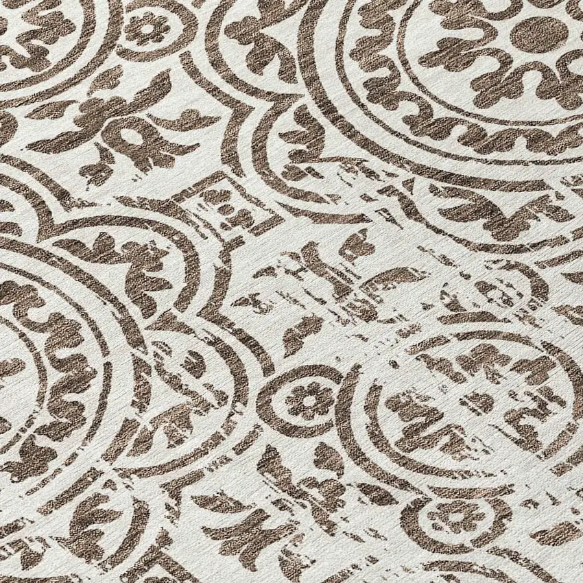 8' Chocolate And Ivory Round Medallion Washable Indoor Outdoor Area Rug Photo 8