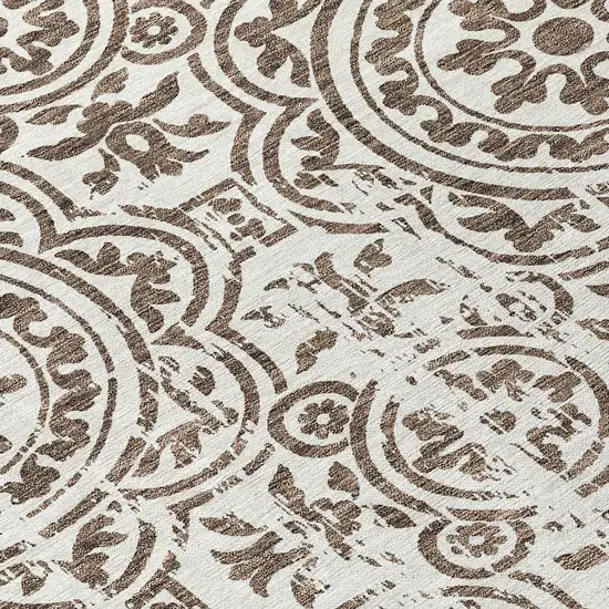 8' Chocolate And Ivory Round Medallion Washable Indoor Outdoor Area Rug Photo 8