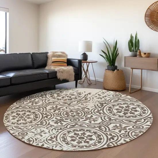 8' Chocolate And Ivory Round Medallion Washable Indoor Outdoor Area Rug Photo 6