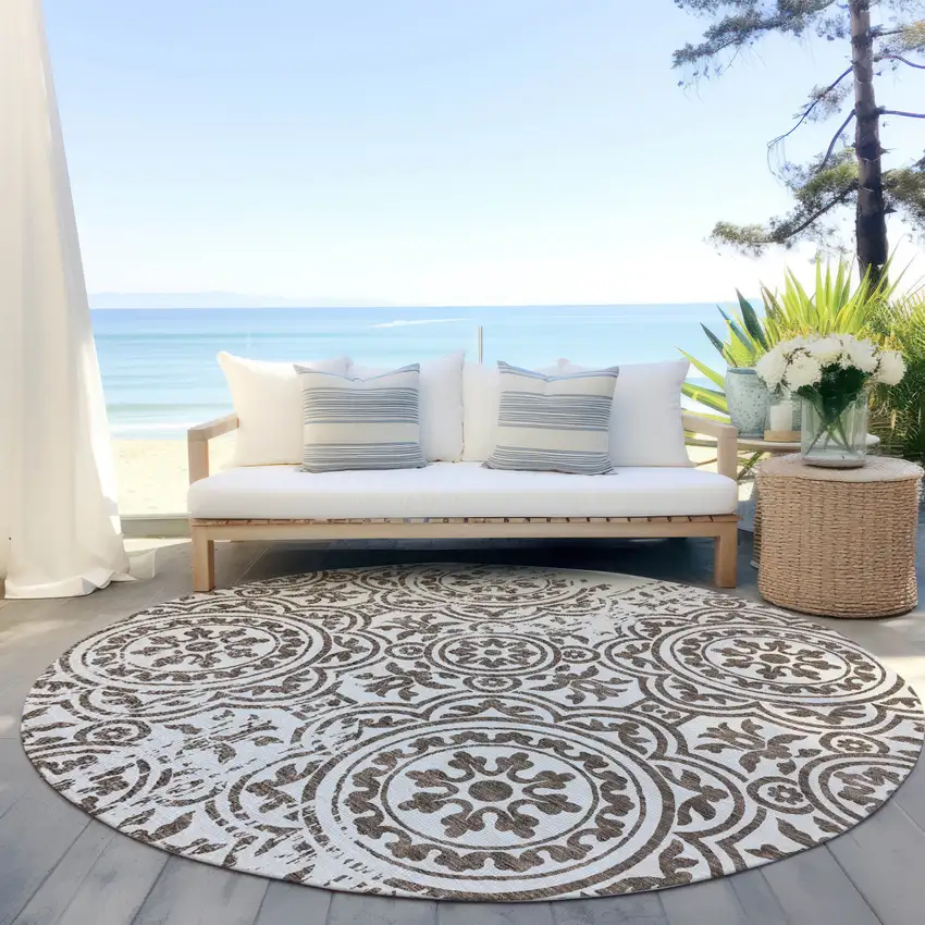 8' Chocolate And Ivory Round Medallion Washable Indoor Outdoor Area Rug Photo 5