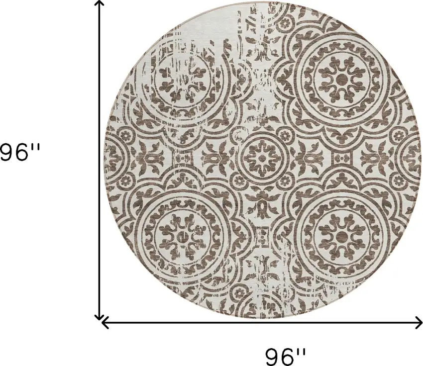 8' Chocolate And Ivory Round Medallion Washable Indoor Outdoor Area Rug Photo 7