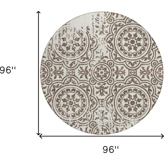 8' Chocolate And Ivory Round Medallion Washable Indoor Outdoor Area Rug Photo 7
