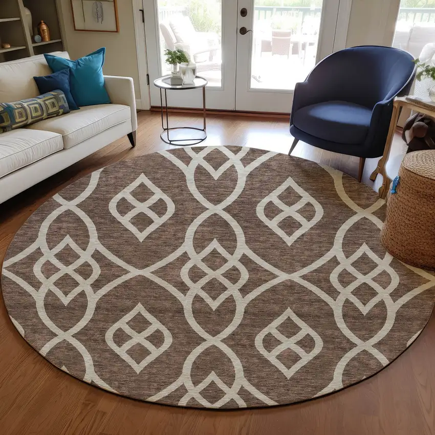 8' Chocolate And Ivory Round Trellis Washable Indoor Outdoor Area Rug Photo 7