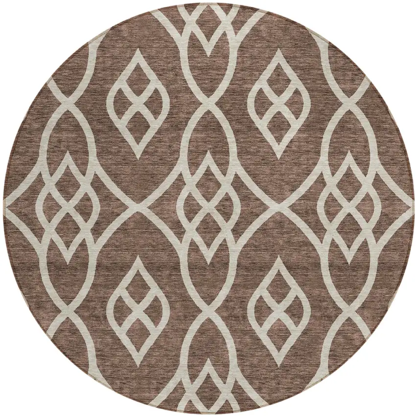 8' Chocolate And Ivory Round Trellis Washable Indoor Outdoor Area Rug Photo 2