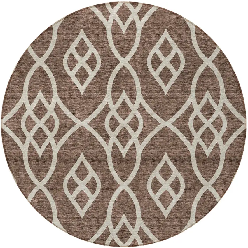 8' Chocolate And Ivory Round Trellis Washable Indoor Outdoor Area Rug Photo 5