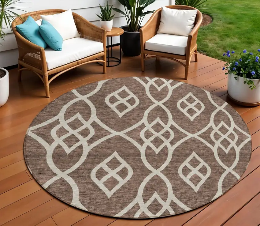 8' Chocolate And Ivory Round Trellis Washable Indoor Outdoor Area Rug Photo 1