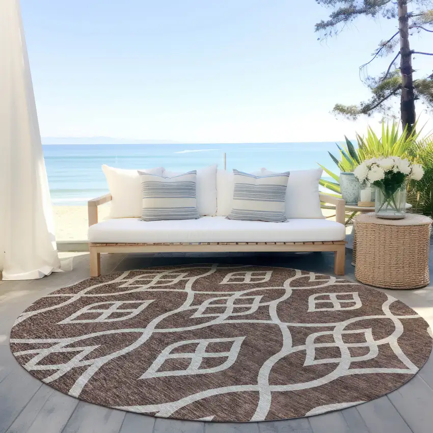 8' Chocolate And Ivory Round Trellis Washable Indoor Outdoor Area Rug Photo 6