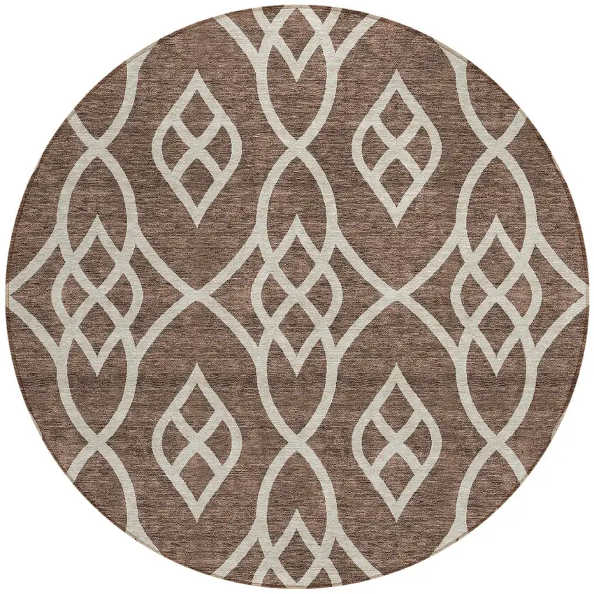8' Chocolate And Ivory Round Trellis Washable Indoor Outdoor Area Rug Photo 4