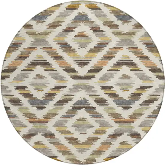 8' Chocolate And Ivory Round Tribal Washable Indoor Outdoor Area Rug Photo 6