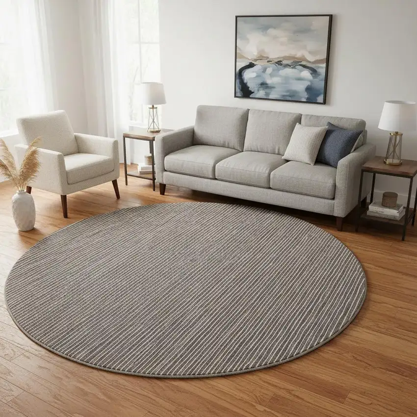 8' Chocolate And Ivory Striped Washable Round Rug With UV Protection Photo 1