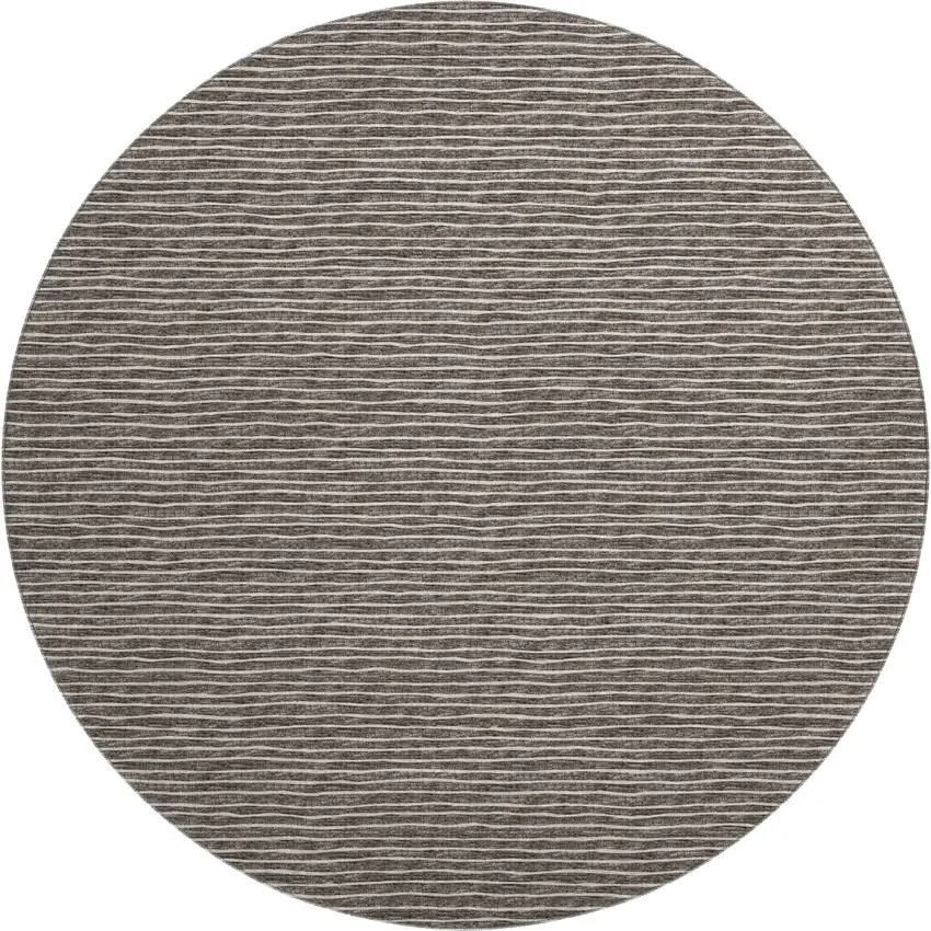 8' Chocolate And Ivory Striped Washable Round Rug With UV Protection Photo 2