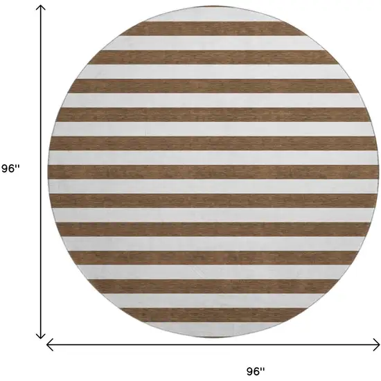 8' Chocolate And Ivory Striped Washable Round Rug With UV Protection Photo 3