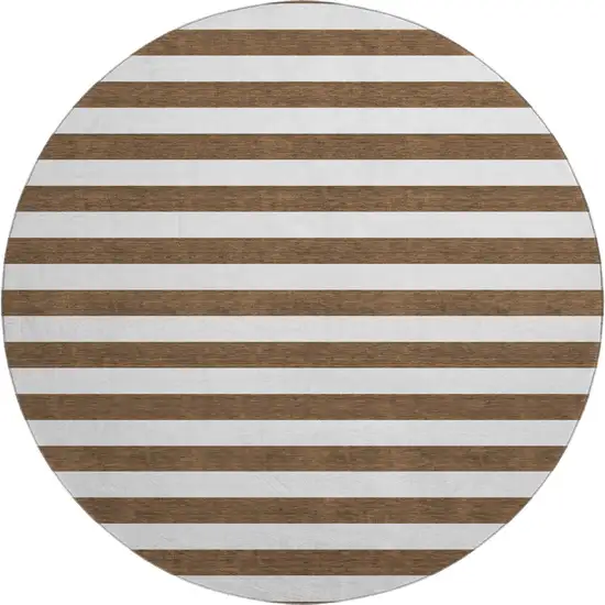 8' Chocolate And Ivory Striped Washable Round Rug With UV Protection Photo 1