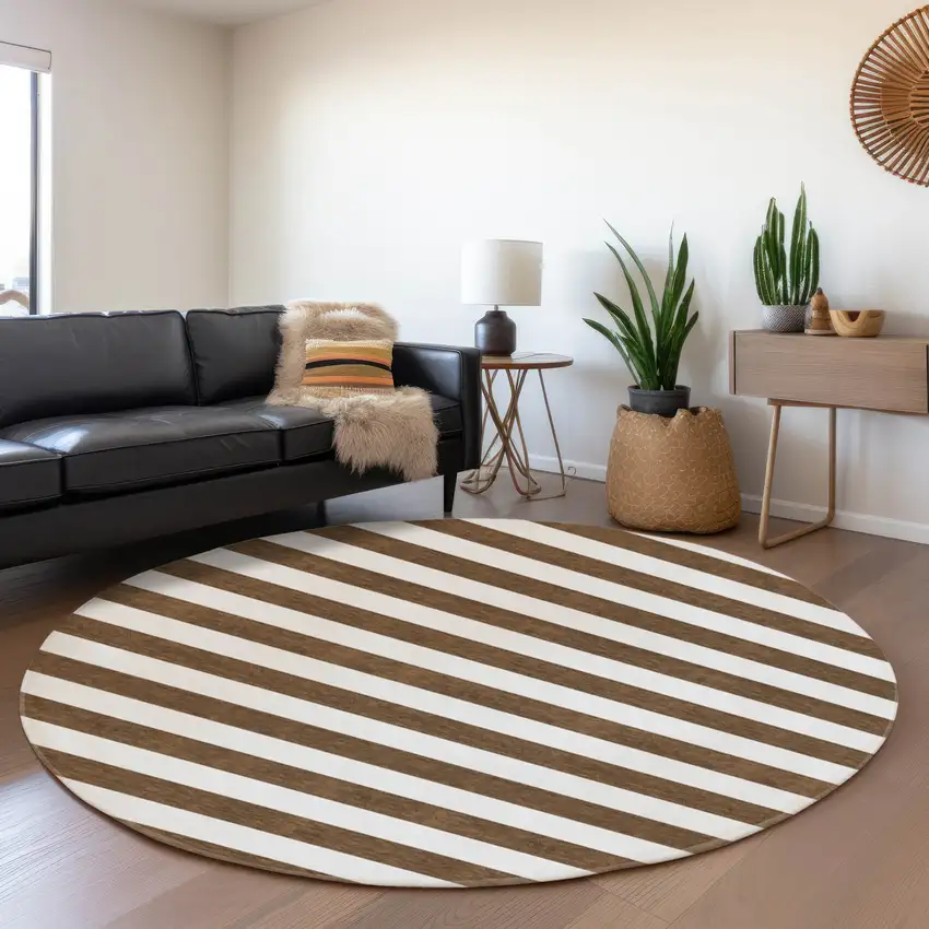 8' Chocolate And Ivory Striped Washable Round Rug With UV Protection Photo 5