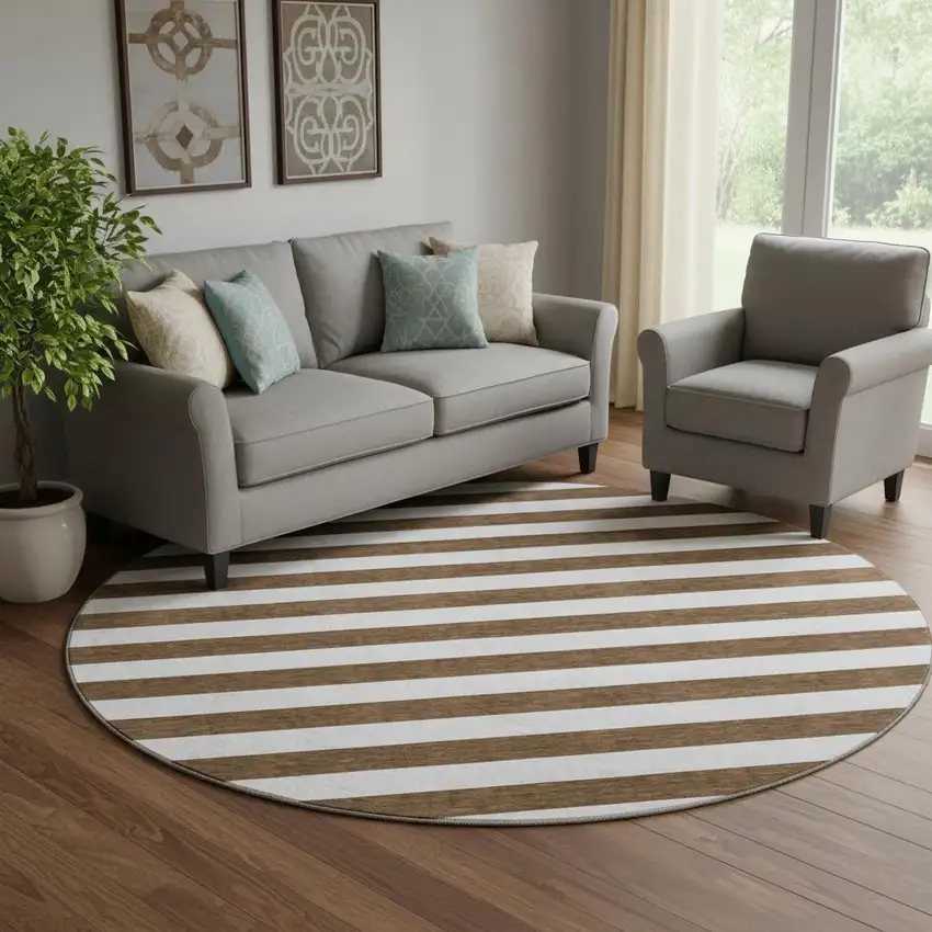8' Chocolate And Ivory Striped Washable Round Rug With UV Protection Photo 1