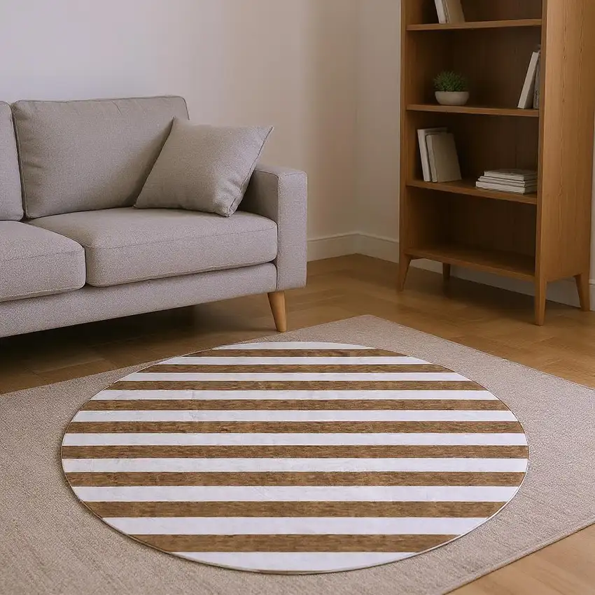 8' Chocolate And Ivory Striped Washable Round Rug With UV Protection Photo 2