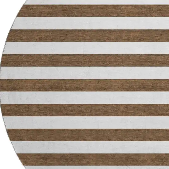 8' Chocolate And Ivory Striped Washable Round Rug With UV Protection Photo 4