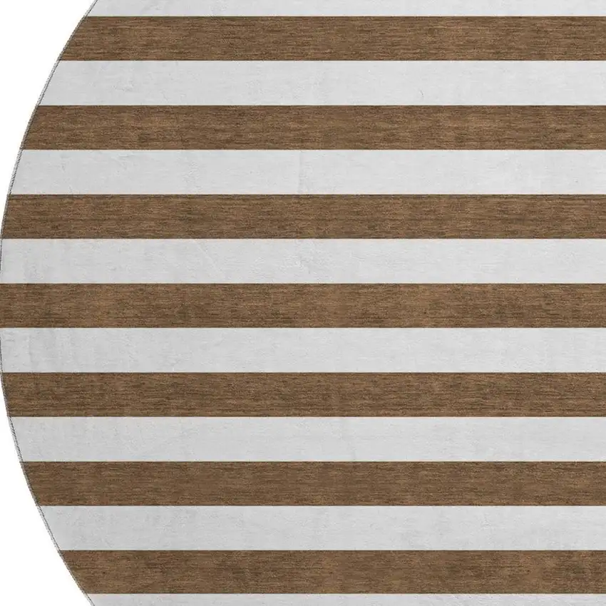 8' Chocolate And Ivory Striped Washable Round Rug With UV Protection Photo 4