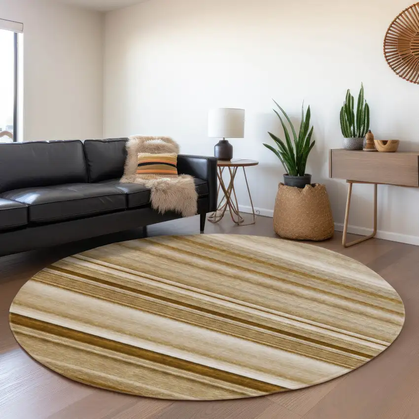 8' Chocolate And Ivory Striped Washable Round Rug With UV Protection Photo 5