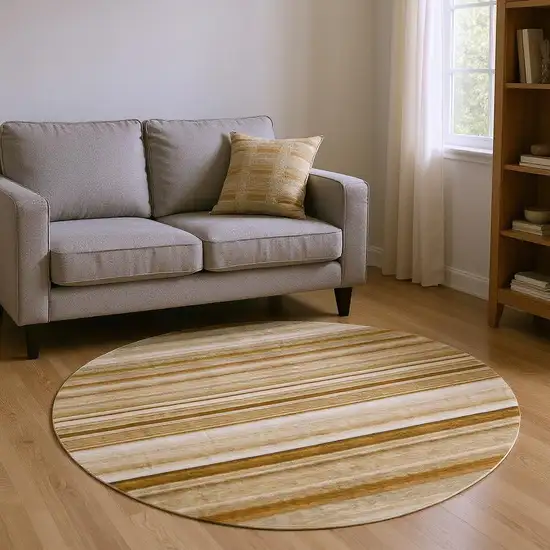 8' Chocolate And Ivory Striped Washable Round Rug With UV Protection Photo 2