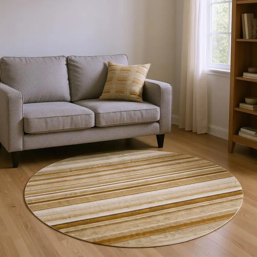 8' Chocolate And Ivory Striped Washable Round Rug With UV Protection Photo 2