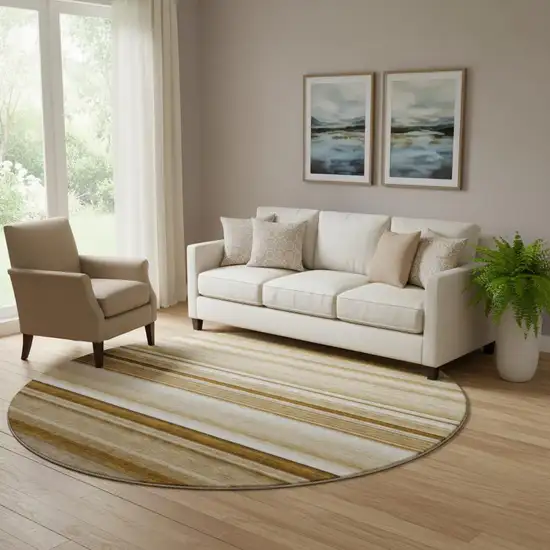 8' Chocolate And Ivory Striped Washable Round Rug With UV Protection Photo 1