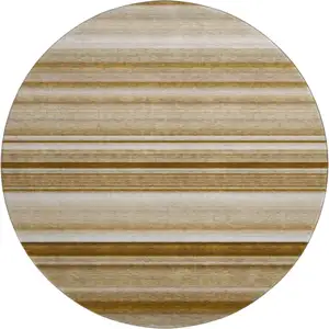 Photo of 8' Chocolate And Ivory Striped Washable Round Rug With UV Protection