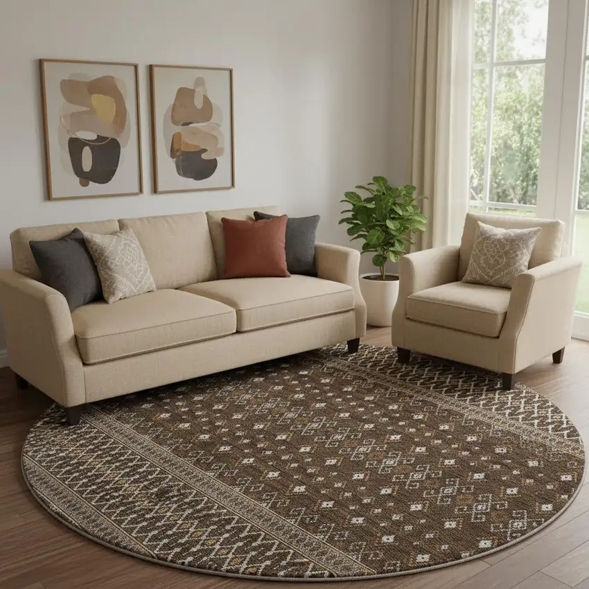 8' Chocolate And Ivory Tribal Washable Round Rug With UV Protection Photo 1