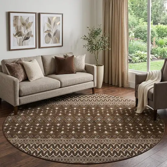 8' Chocolate And Ivory Tribal Washable Round Rug With UV Protection Photo 1
