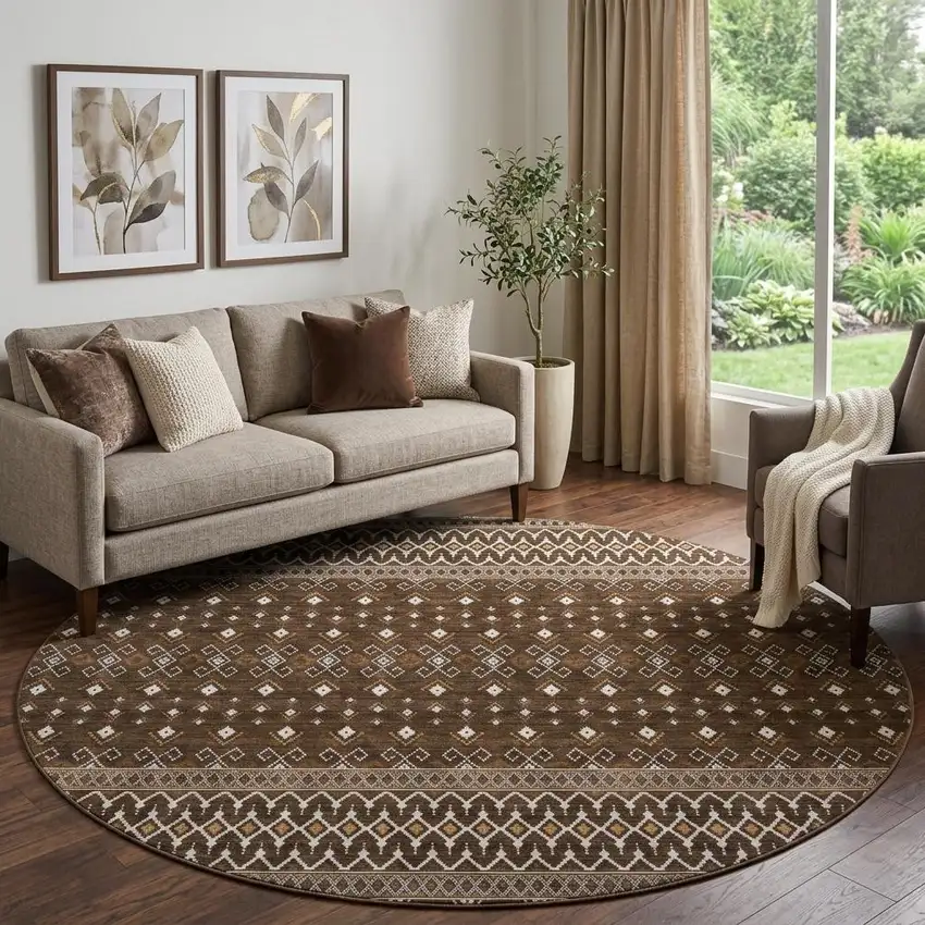 8' Chocolate And Ivory Tribal Washable Round Rug With UV Protection Photo 1