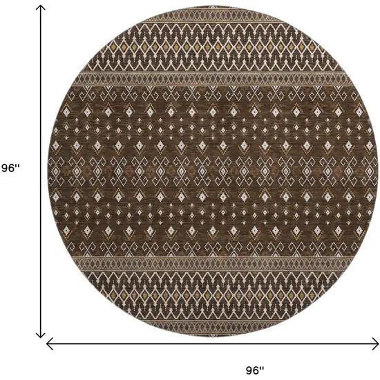 8' Chocolate And Ivory Tribal Washable Round Rug With UV Protection Photo 4